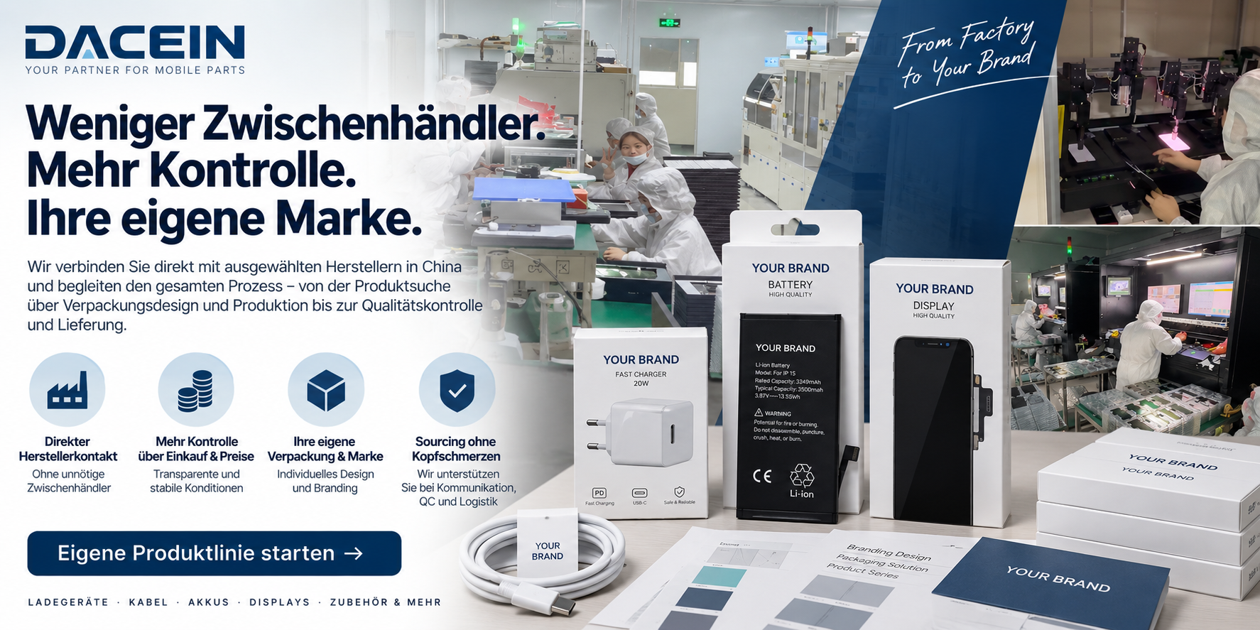 Beispiele für Ladegerät, Akku und Display mit YOUR BRAND Verpackungen